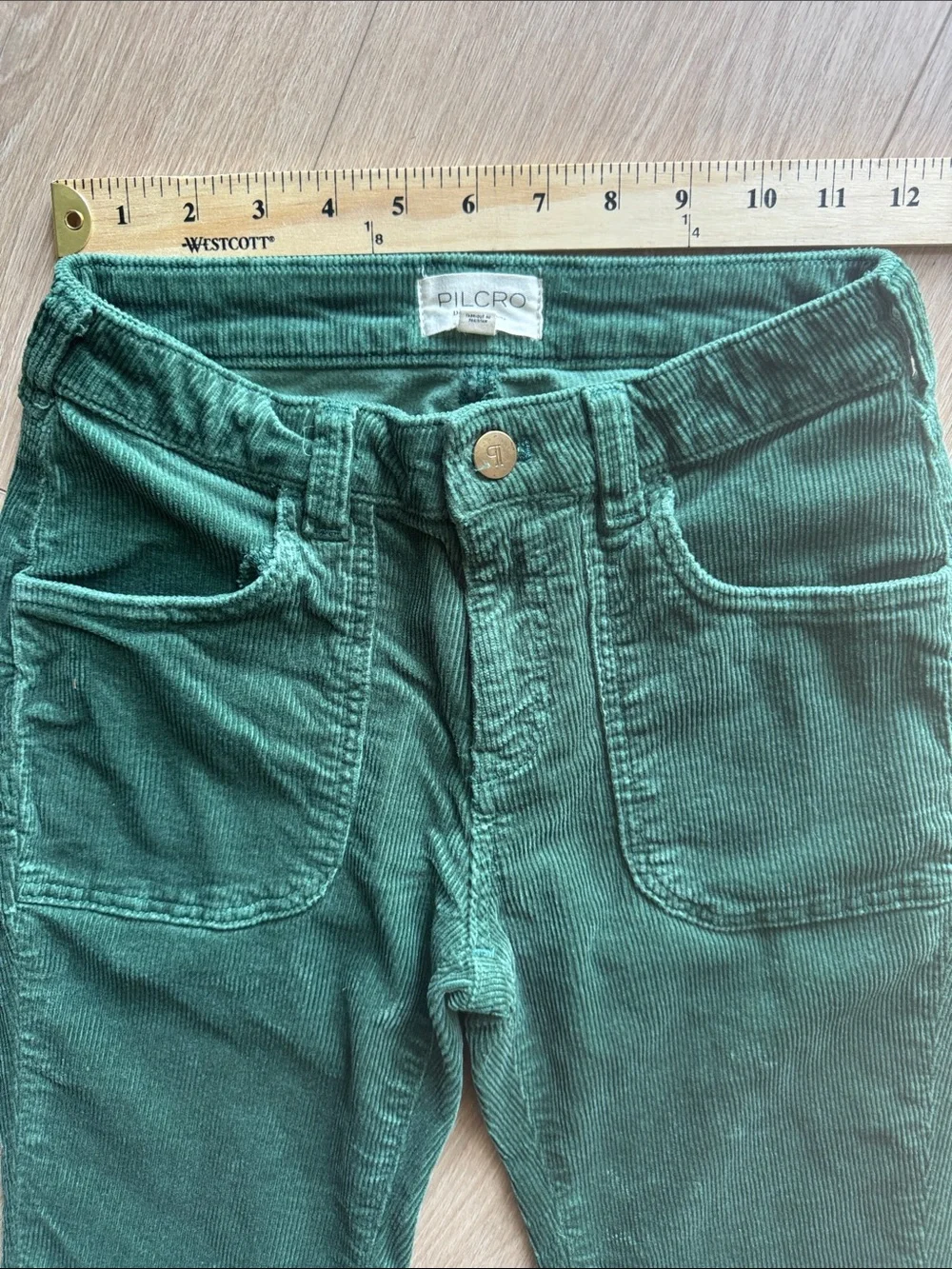 Anthropologie Pilcro The Low-Rise Icon Flare Corduroy Chop Pocket Green Size 25